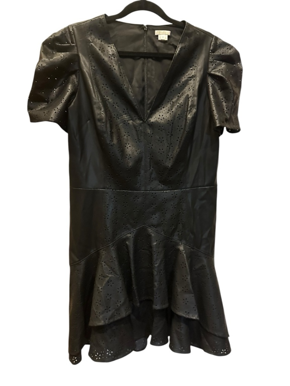 Shoshanna Black rowan Eyelet Faux Leather fit& flare Dress size 14